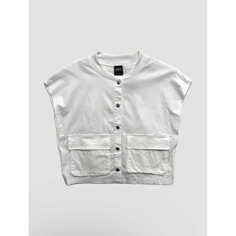 ZARA Minimalist‎ White Sleeveless Streetwear Bomber Utility Vest Size Small